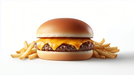 Classic cheeseburger with melted cheddar cheese and crispy golden French fries on a white background, emphasizing the simplicity and delicious appeal of an American fast-food favorite.