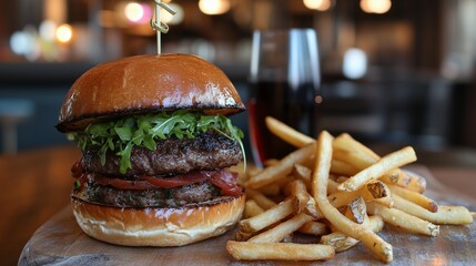 Juicy double patty burger with fresh lettuce, tomato, and melted cheese in a toasted brioche bun, served with crispy golden fries and a refreshing drink on a rustic wooden table.