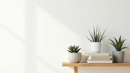 Three potted plants and a stack of books rest on a light wooden shelf against a white wall, bathed in sunlight.