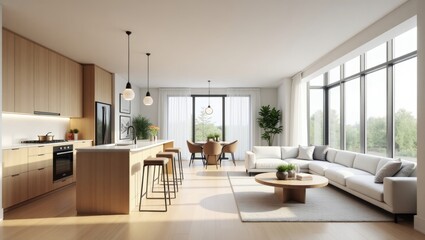 Fototapeta premium Modern open-concept living space with kitchen, dining, and living areas, flooded with natural light from large windows.