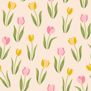 Tulips seamless pattern in block print style. Cute spring flowers repeat design. Pink and yellow tulps with leaves floral pattern.