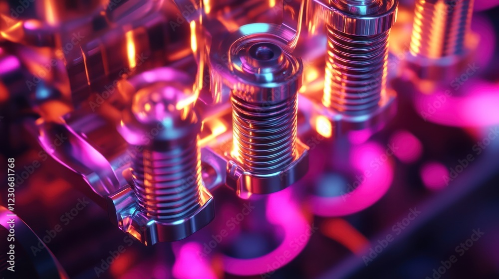 Poster illuminated metal engine components close up view