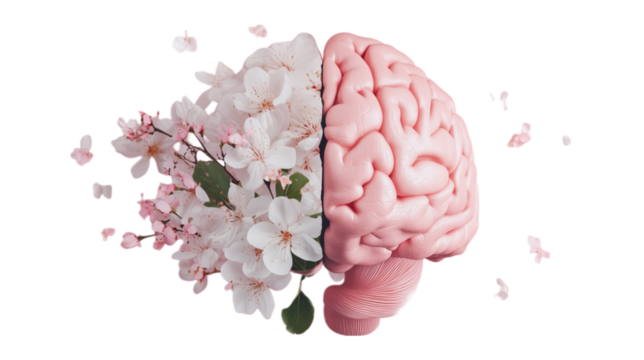 A conceptual image of a pink brain intertwined with delicate white flowers, symbolizing creativity, growth, and mental wellness, on transparent background.