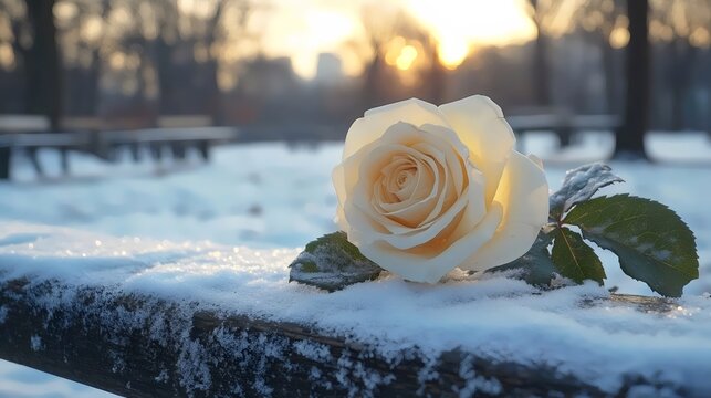 A white rose is on a bench in the snow