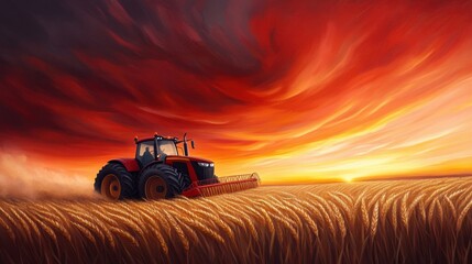 Obraz premium Vibrant Sunset Over Wheat Fields with Tractor Harvesting Crops in Scenic Agriculture Landscape