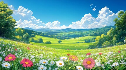 Fototapeta premium Vibrant Spring Meadow Landscape with White and Pink Daisies under Sunny Sky
