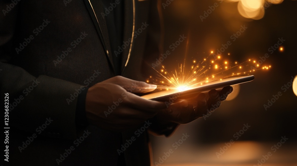 Poster man in suit using tablet with golden light sparks