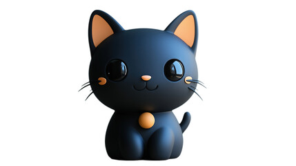 Fototapeta premium A cute black cat figurine in a playful and minimalistic style, featuring large expressive eyes, a small smile, and a tiny ball on its collar. The cat is made from soft material with smooth textures an