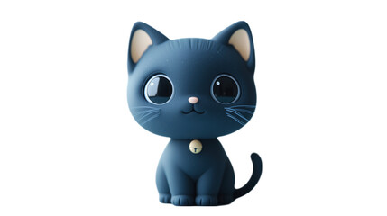 Fototapeta premium A cute black cat figurine in a playful and minimalistic style, featuring large expressive eyes, a small smile, and a tiny ball on its collar. The cat is made from soft material with smooth textures an