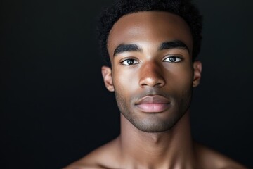 Portrait of a Young Man with Natural Beauty and Strong Features Against a Dark Background