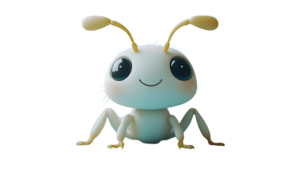 A 3D clay model of a smiling ant, designed in a playful and adorable cartoon style. The colorful, soft texture and vibrant colors make this little insect come to life, capturing the joy and creativity