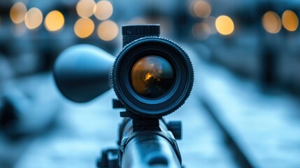 Rifle Scope Aimed At Distant Lights Blurred Background