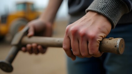 A person grips a hammer confidently, standing before a bustling construction site filled with activity and machinery.
