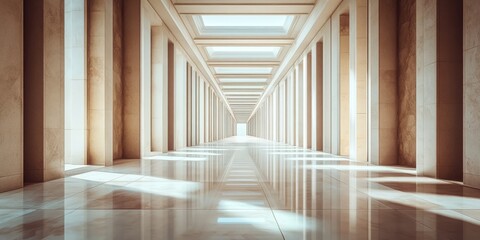 Obraz premium Long, empty hallway with white walls and a white ceiling. The hallway is very long and has a very clean
