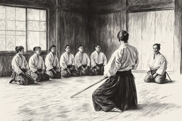 An aikido instructor demonstrates technique to his students. 
