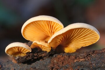 Close up of amazing orange mushrooms Phyllotopsis nidulans, commonly known as the mock oyster or...