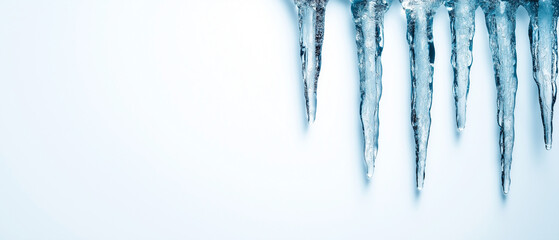 Eiszapfen in schimmerndem Blau vor weißem Hintergrund

