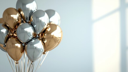 Golden and silver balloons for a birthday celebration on a transparent background. Copy space. Cutout