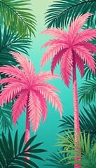 Stylized pink coconut palms on lush green palm leaf background , color, tropical background, leaves