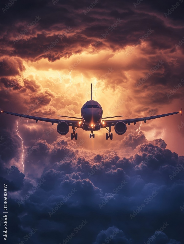 Poster Airplane navigating through turbulent storm clouds during twilight hours. Generative AI
