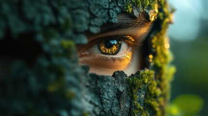 Fototapeta premium Eyes blending with nature showcasing the beauty of forest camouflage through intricate textures and vibrant colors