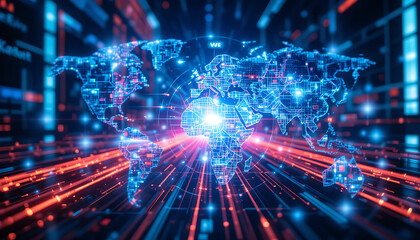 Obraz premium Futuristic Digital World Map - Global Technology & Cyber Network Concept