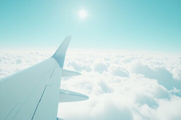 Obraz premium View of airplane wing above fluffy clouds under bright blue sky during daylight hours. Generative AI