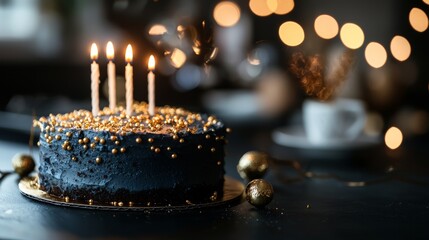 The lit candles on a blue birthday cake are the centerpiece, bathed in a soft, warm bokeh effect