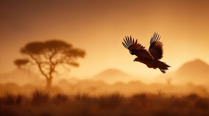Fototapeta premium Bird flying over field with tree in foreground, mountain in background at sunset
