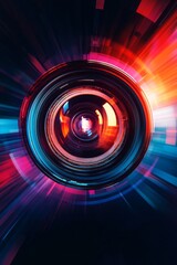 A colorful and blurry image of a camera lens with a red and blue background
