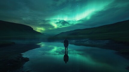 Man watching aurora borealis reflecting in calm lake, dark mountains, starry night, travel photography