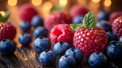 A close up of blueberries and raspberries on a table