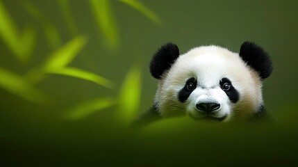 Obraz premium A close-up of a panda bear's face with a bamboo plant in the foreground and a green backdrop