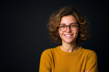 Fototapeta premium Lächelnde Frau mit Brille in modernem, gemütlichem Pullover