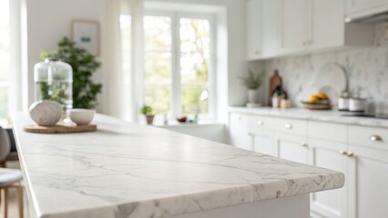 Clean, bright kitchen island with a marble countertop.  Perfect for prepping and enjoying meals.