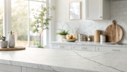 Bright kitchen with marble countertop, showcasing a clean and minimalist design aesthetic.