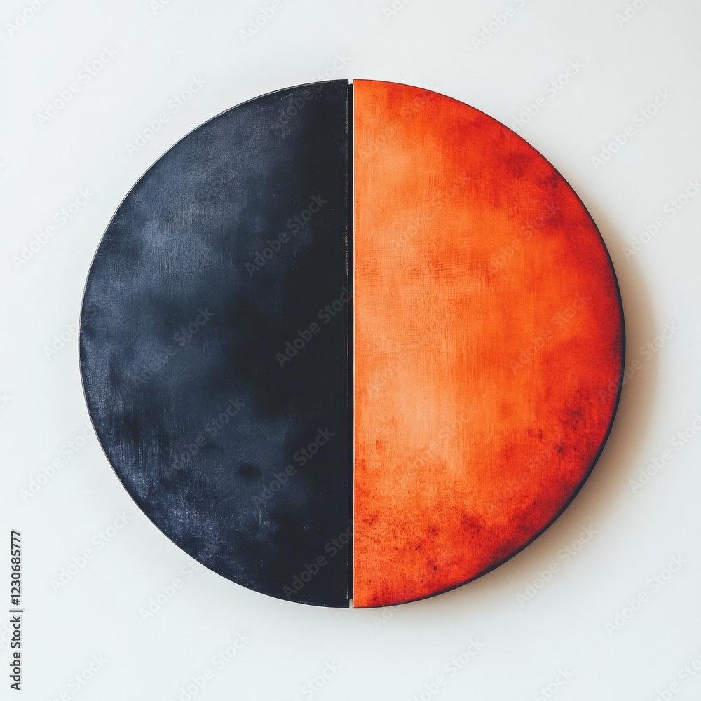 Poster abstract circular artwork with black and orange halves displayed on a white wall in a modern gallery