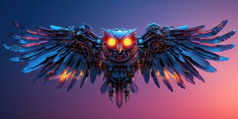Futuristic robotic owl with glowing eyes, suitable for technology, innovation, and wildlife themes in commercial projects.