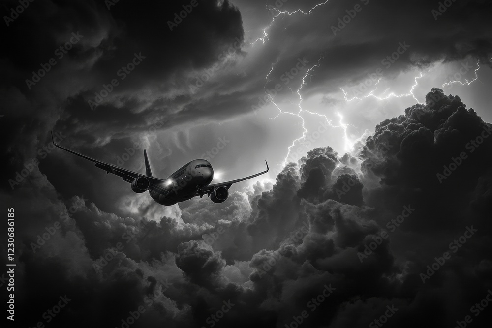 Poster An airplane is flying through dark storm clouds while lightning illuminates the sky, creating a dramatic and tense atmosphere in flight