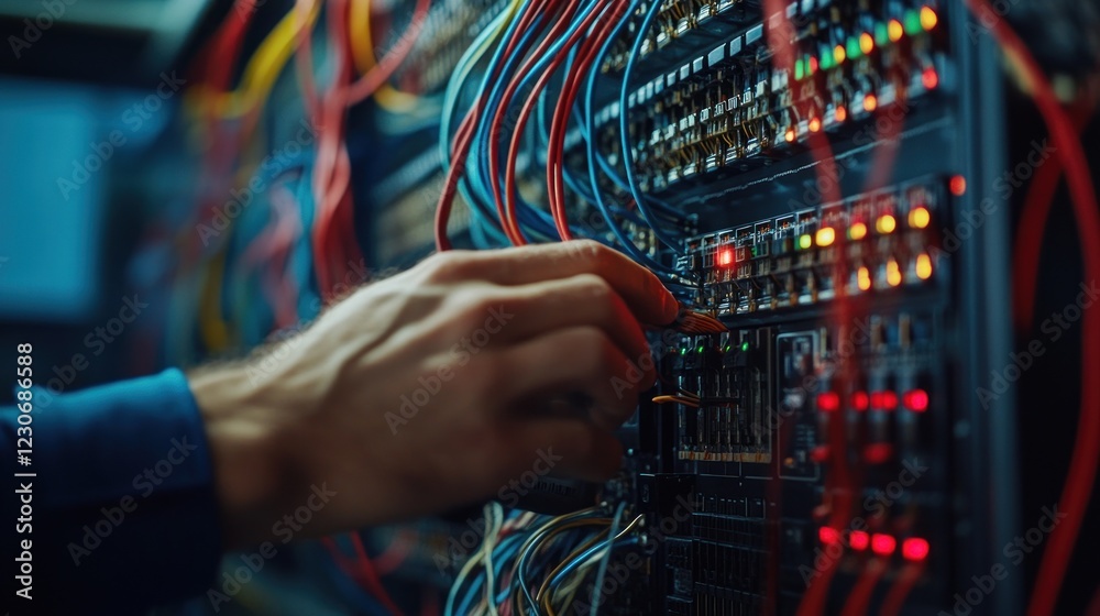 Poster hand connecting cables to a server rack