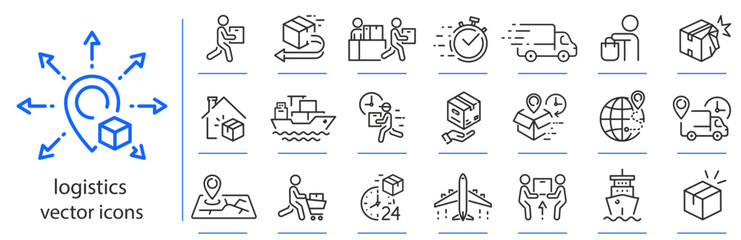 logistics icons, delivery simple icon set, shipping symbols, linear vector illustration, outline editable stroke