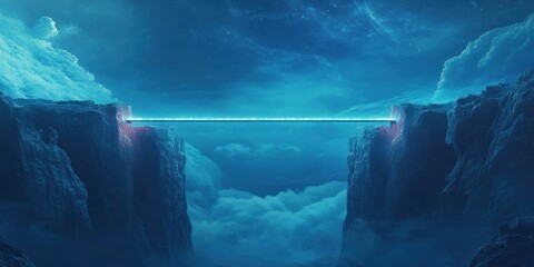 Futuristic landscape featuring a glowing bridge over a chasm, suitable for sci-fi themes, digital art, and technology concepts.