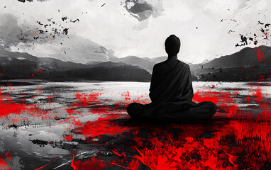 Obraz premium Meditative Figure Sitting Before a Red Sun with Abstract Ink Splashes, Zen-Inspired Digital Artwork with Strong Contrast and Spiritual Symbolism