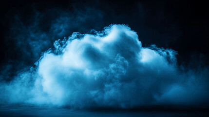 A glowing white cloud icon on a black background symbolizes online data and digital storage with a modern minimalist style bright light tone and blurred empty caption space on the side
