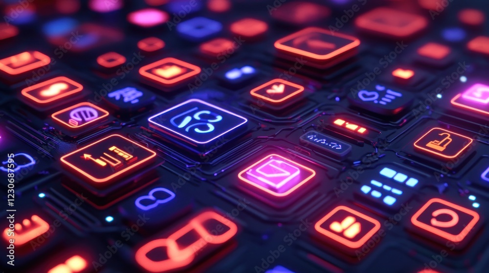 Poster neon glowing interface displays various app icons