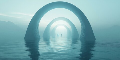 Fototapeta premium Surreal landscape featuring arches over water, ideal for artistic projects, meditation themes, or futuristic concepts.