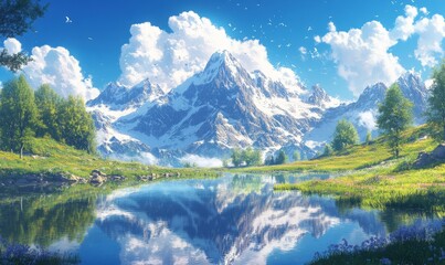 Fototapeta premium Serene mountain lake reflecting snow-capped peaks under a vibrant blue sky with fluffy clouds and birds in flight.
