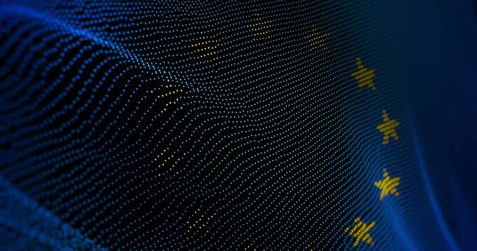 EU European Union flag waving pixel. Europe blowing banner cyber attack hack and security concept animation.