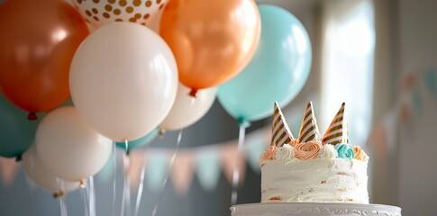 A vibrant and joyful first birthday party featuring balloons, a cake, and festive decorations, celebrating the birthday in its first year
