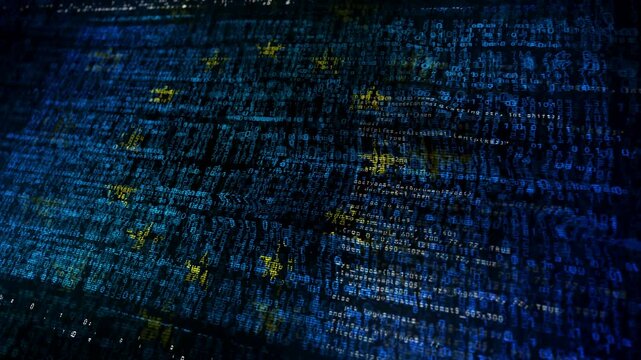 EU European Union USA flag waving secure code. Europe blowing banner cyber security attack and hack concept animation.